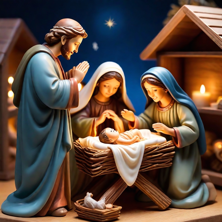 Une scène intime et chaleureuse représentant le petit jesus dans son panier le 25 décembre